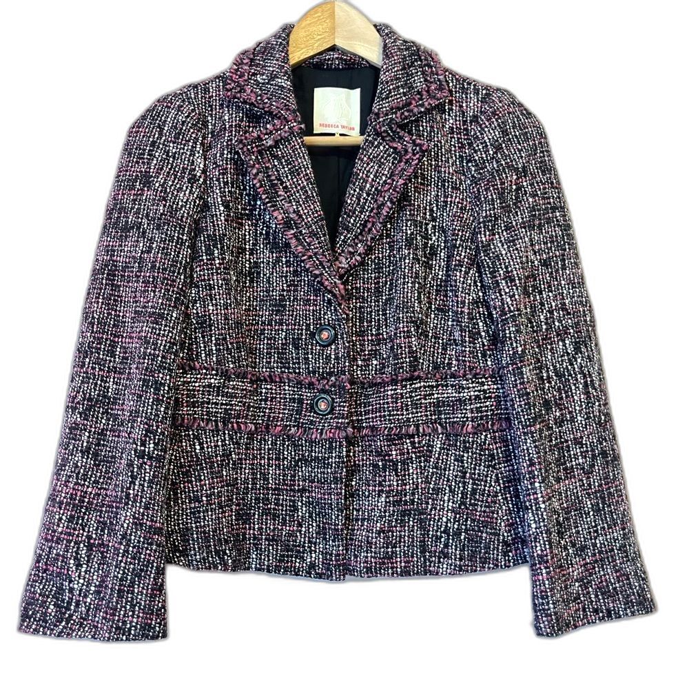 Rebecca Taylor Vtg Tweed Frayed Edge Blazer Jacket Sz 4 Fringe Academia Pink